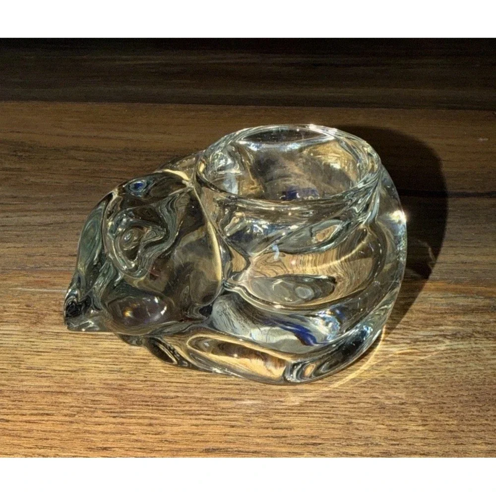 VTG Indiana Glass Sleeping Cat Candle Holder Votive Tea Light Mint‎ Kitten Clear